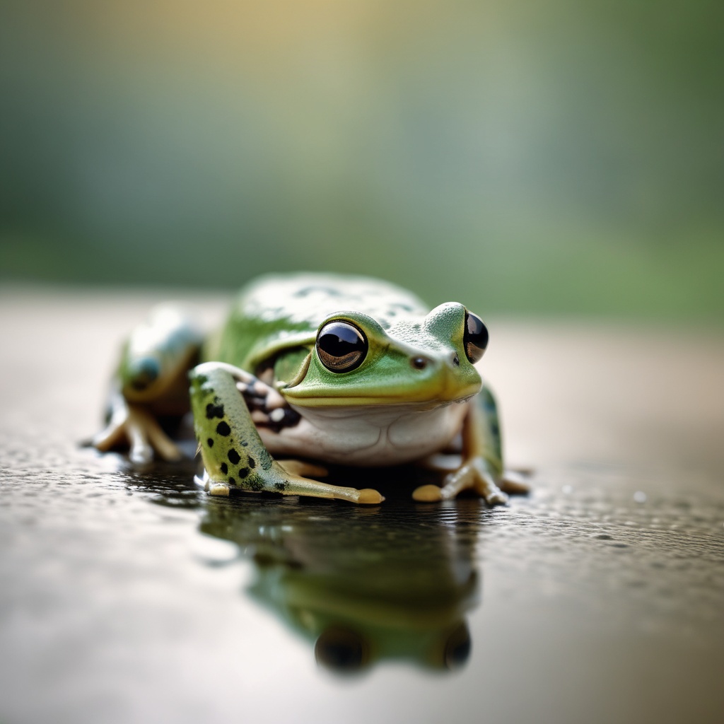 Close-up of a green frog on a surface, with a blurred background